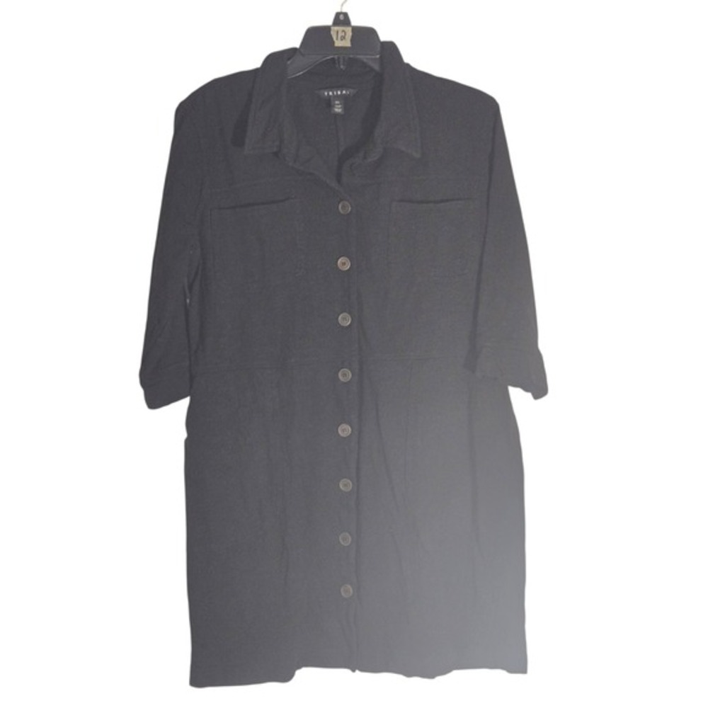 Tribal Black Button Down Shirt Dress Womens Large 3/4 Sleeve Pocketed Midi